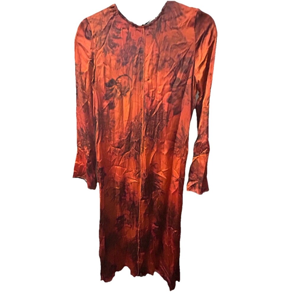 Zara Split Bell Sleeve Red Orange Floral Print Midi Dress Crinkle Wash City Chic